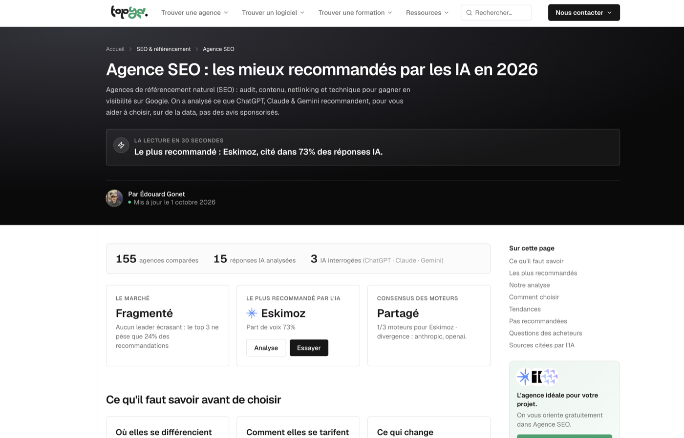 Capture d'écran Topya : réponses des IA sur les agences